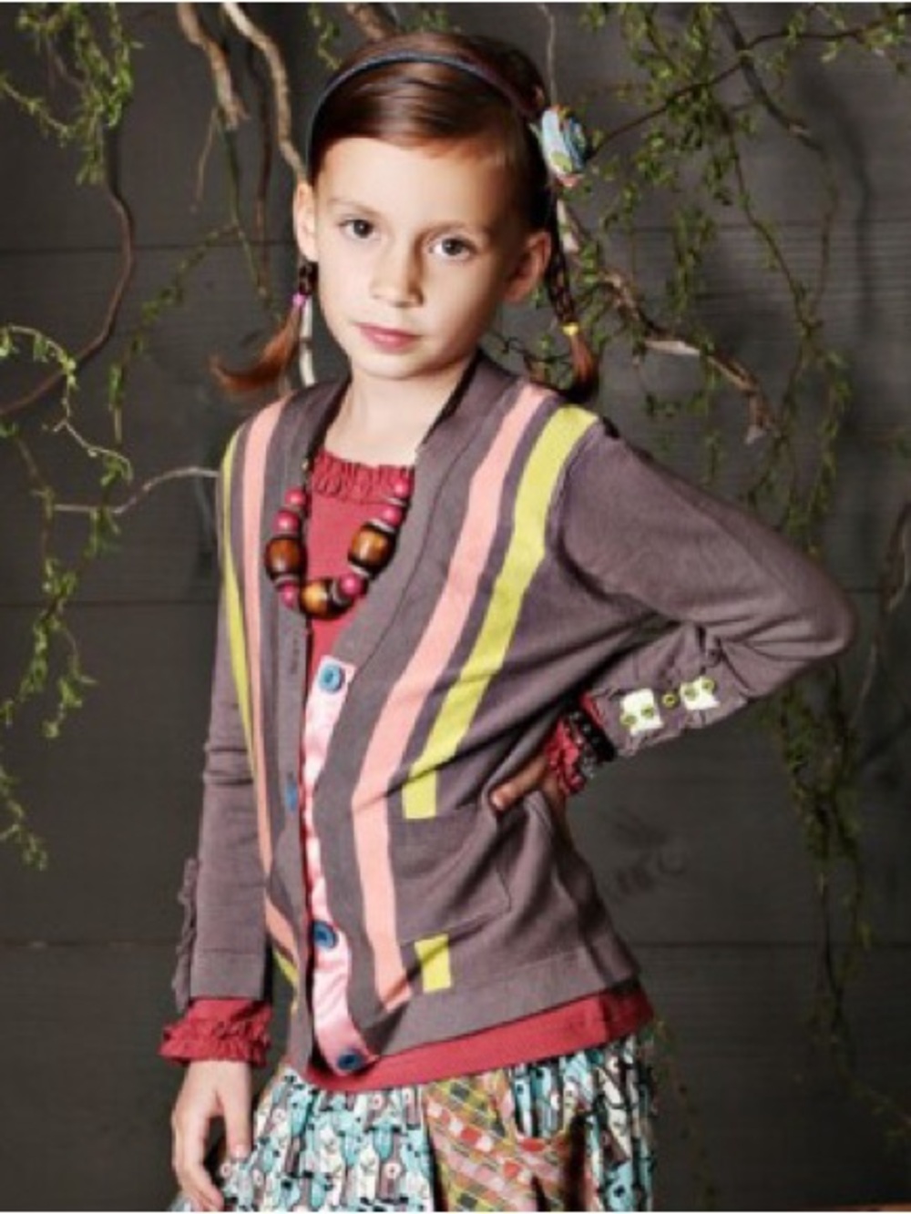 Matilda Jane Gray Cardigan with Pink & Lime Stripes